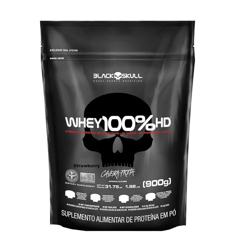 Whey 100% Hd 900g Morango Refil - Black Skull